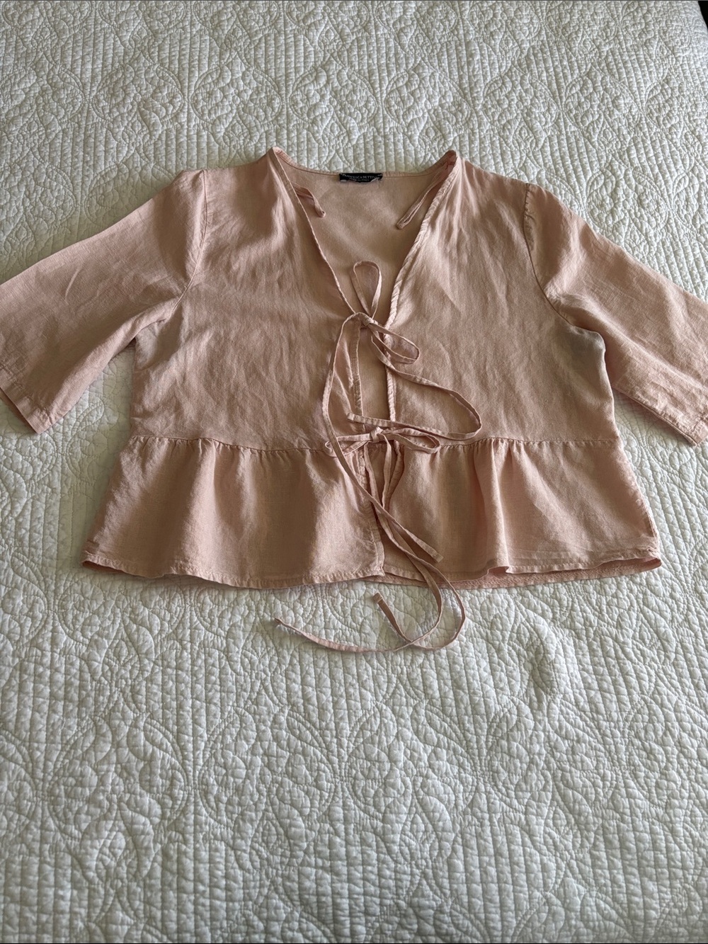 Francesca Bettini Pale Blush Tie-Front Peplum Blouse Linen Blend Italy Size L - Picture 9 of 11